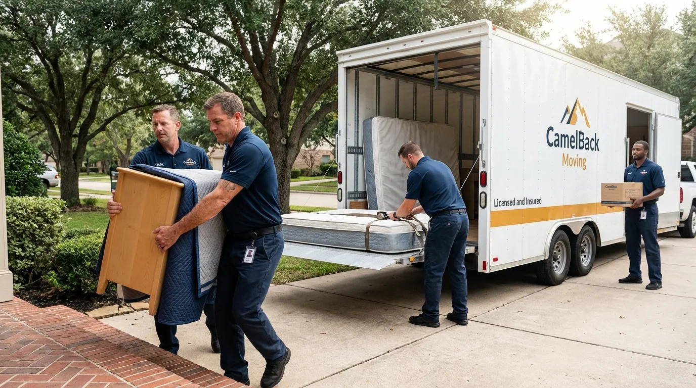 Crew loading residential truck for cross-state move from Whitestown, IN