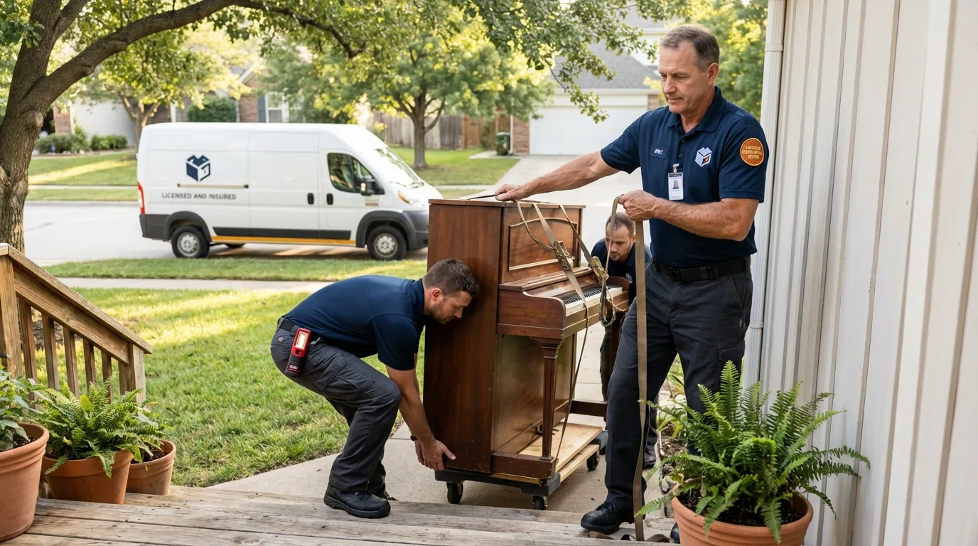 Licensed piano movers securing grand piano in Whitestown, IN