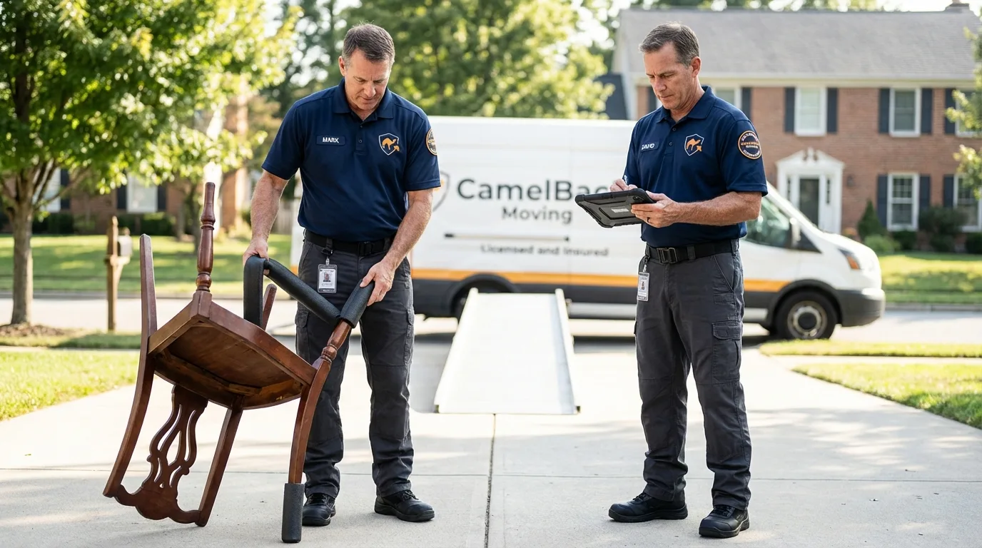 Movers inspecting furniture for damage prevention before loading in Whitestown, IN
