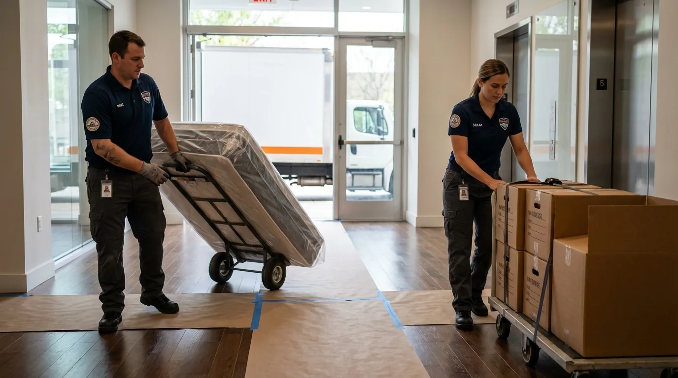 Professional apartment movers loading elevator in Whitestown, IN